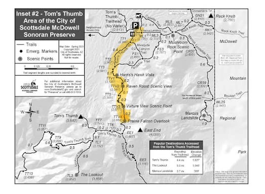 The route we hiked at the McDowell Sonoran Preserve, where Tom's Thumb is located.