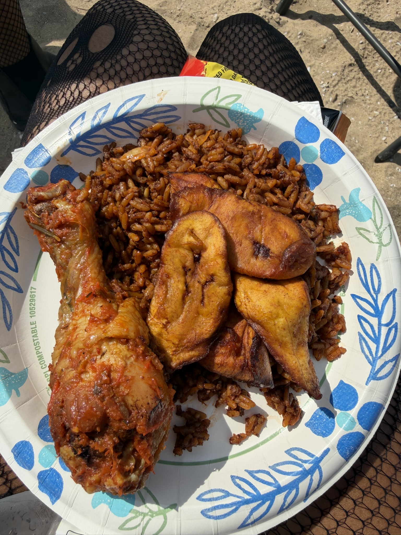 The meal provided by UIU at the beach party. Jollof rice, chicken, and fried plantains. Yum!