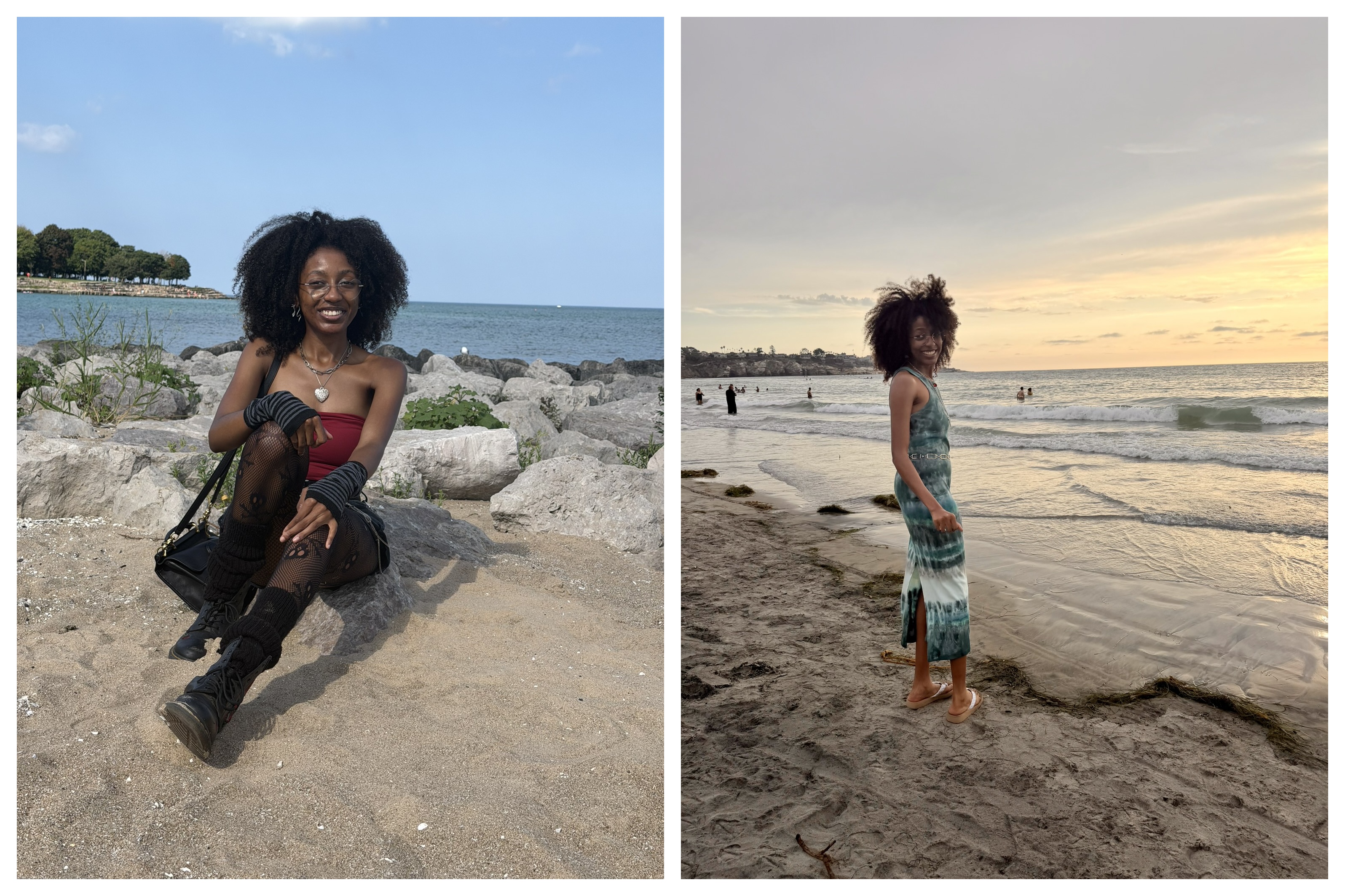 Me at the 57th Street Beach in Chicago and the beach in La Jolla.
