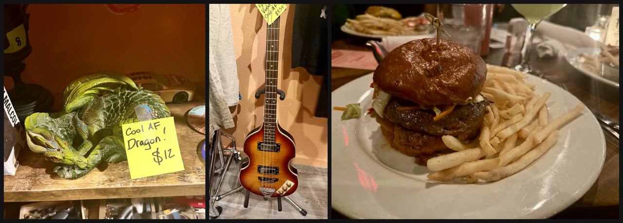 Quirky items at King Pigeon thrift store, and food from the restaurant we went to.