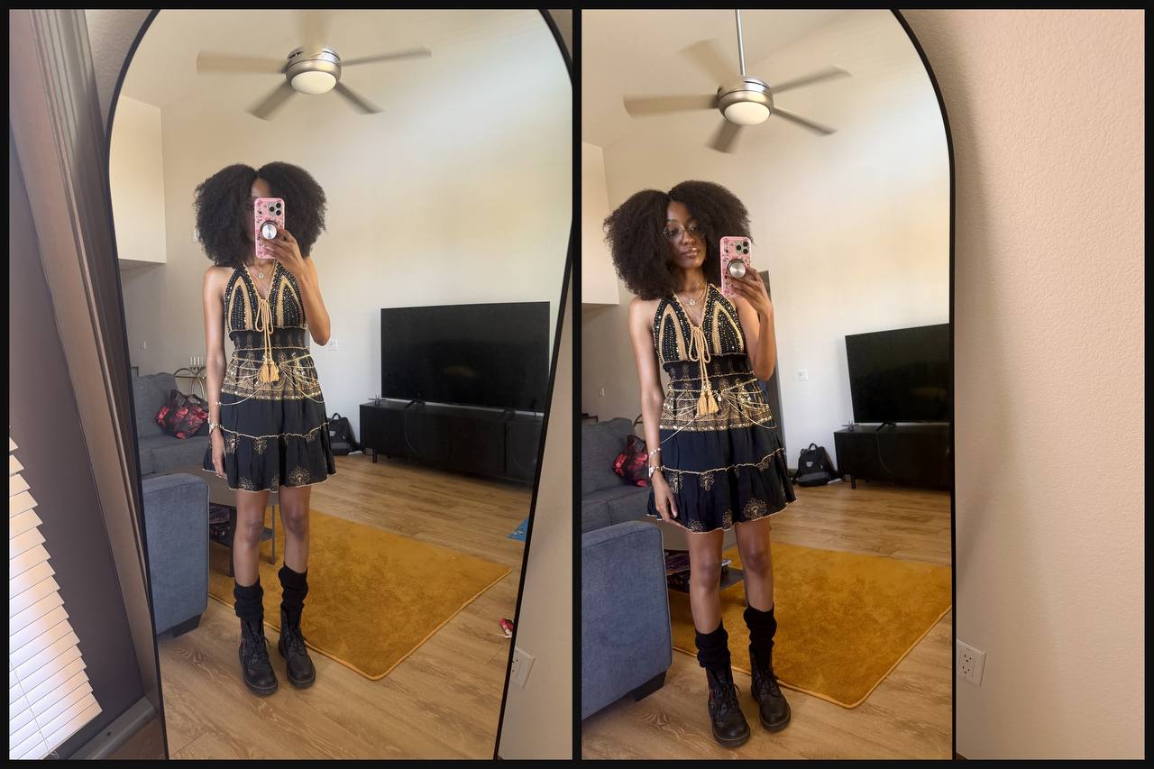 Me in the gold dress I got from Palm Springs, CA.