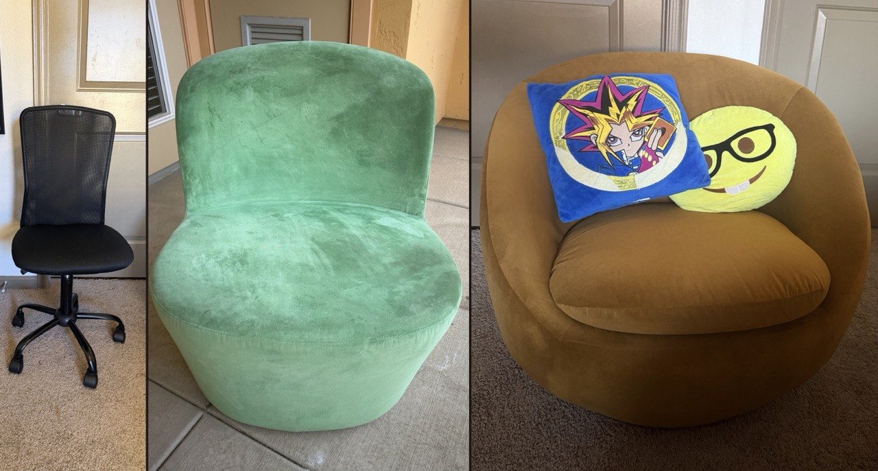 Left: Black Office Chair; Middle: Soft Green Swiveling Chair; Right: Soft Gold Swiveling Chair